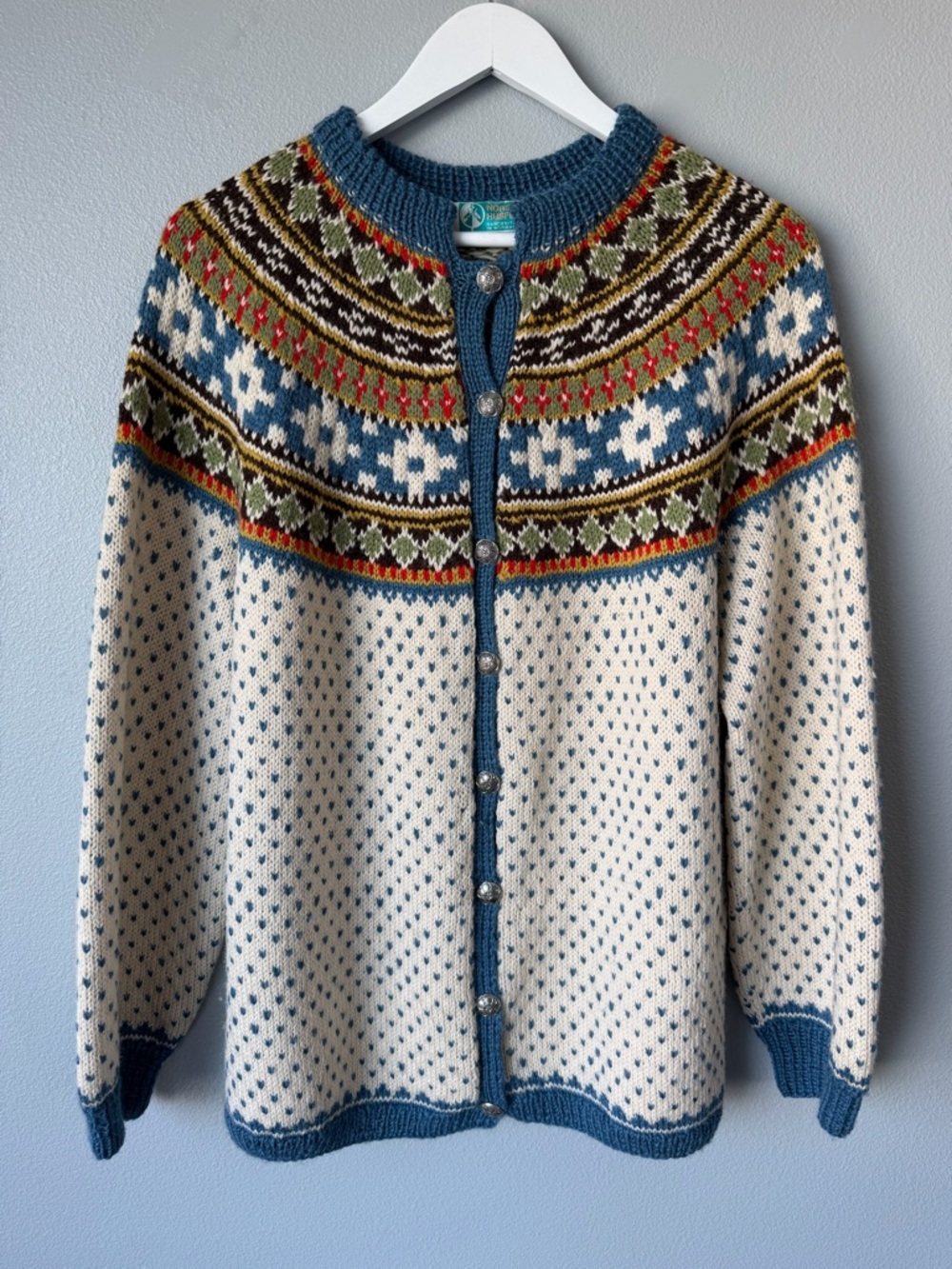 Norsk Husflid vintage 100% wool colorful cream long sleeve cardigan Women’s L